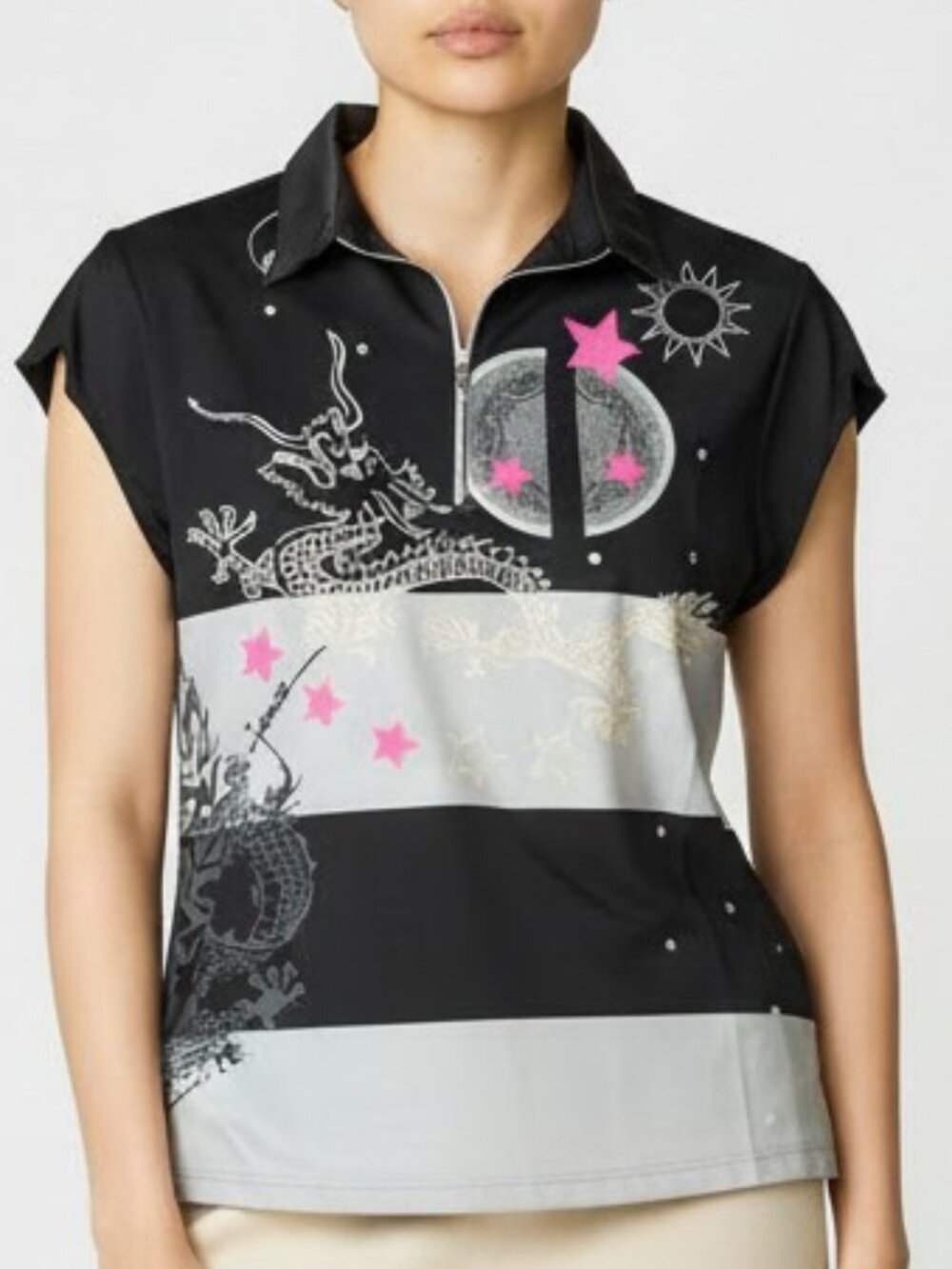 Jamie Sadock shirt M dragon black pink polo
